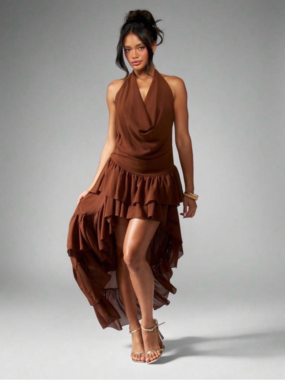 Brown High-Low Ruffle Halter Dress - Picture 3 of 6